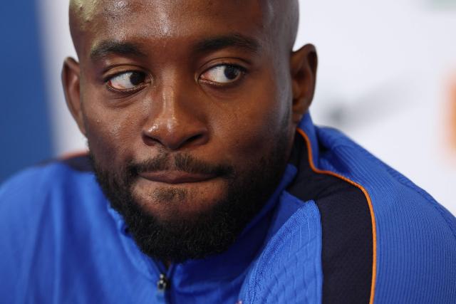 France's forward #22 Jean-Philippe Mateta gives a press conference at Bentley University, the team's base camp, during the 2026 World Cup football tournament in Boston on June 12, 2026. (Photo by FRANCK FIFE / AFP)