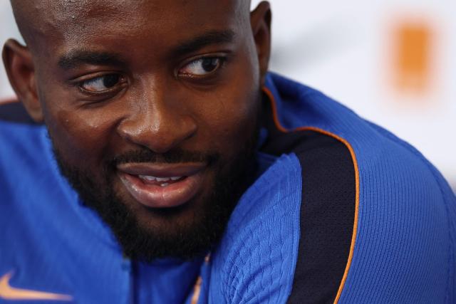 France's forward #22 Jean-Philippe Mateta gives a press conference at Bentley University, the team's base camp, during the 2026 World Cup football tournament in Boston on June 12, 2026. (Photo by FRANCK FIFE / AFP)