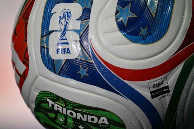 A Trionda, the official FIFA 2026 World Cup ball, is seen ahead of a press conference at the New York/New Jersey Stadium in East Rutherford on June 12, 2026, on the eve of the 2026 World Cup football match between Brazil and Morocco. (Photo by Mauro PIMENTEL / AFP)