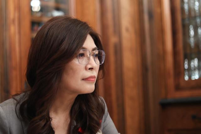 Taiwanese opposition leader and Kuomintang chairwoman Cheng Li-wun participates in a press conference at the Jefferson Hotel in Washington, DC, on June 12, 2026. (Photo by Alex WROBLEWSKI / AFP)