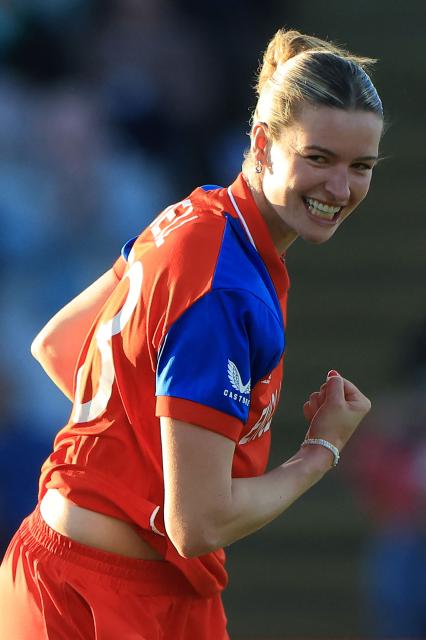 England's Lauren Bell celebrates taking the wicket of Sri Lanka's Vishmi Gunarathne on the first day of the ICC Women's T20 cricket World Cup 2026 Group 2 stage cricket match between England and Sri Lanka at Edgbaston cricket ground in Birmingham, central England on June 12, 2026. (Photo by Darren Staples / AFP)
