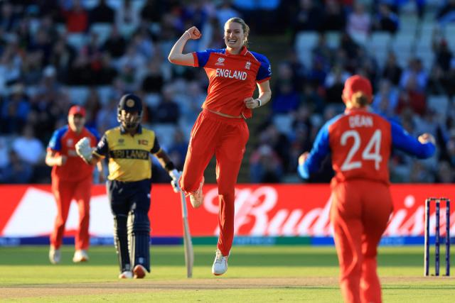 England's Lauren Bell celebrates taking the wicket of Sri Lanka's Vishmi Gunarathne on the first day of the ICC Women's T20 cricket World Cup 2026 Group 2 stage cricket match between England and Sri Lanka at Edgbaston cricket ground in Birmingham, central England on June 12, 2026. (Photo by Darren Staples / AFP)