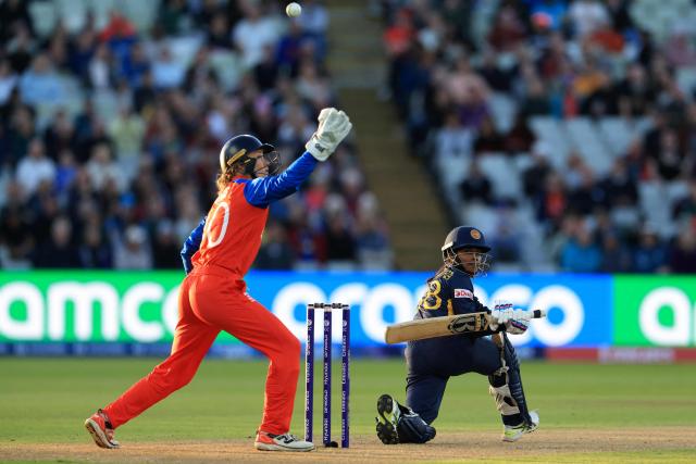 Sri Lanka's Harshitha Samarawickrama plays a shot on the first day of the ICC Women's T20 cricket World Cup 2026 Group 2 stage cricket match between England and Sri Lanka at Edgbaston cricket ground in Birmingham, central England on June 12, 2026. (Photo by Darren Staples / AFP)
