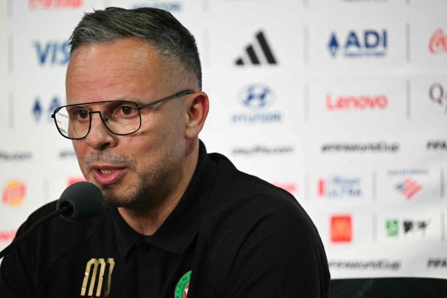 Morocco's head coach Mohamed Ouahbi gives a press conference at the New York/New Jersey Stadium in East Rutherford on June 12, 2026, on the eve of the 2026 World Cup football match between Brazil and Morocco. (Photo by Mauro PIMENTEL / AFP)