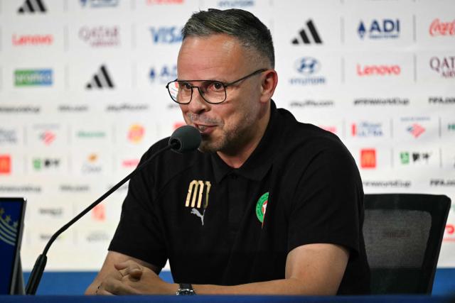 Morocco's head coach Mohamed Ouahbi gives a press conference at the New York/New Jersey Stadium in East Rutherford on June 12, 2026, on the eve of the 2026 World Cup football match between Brazil and Morocco. (Photo by Mauro PIMENTEL / AFP)