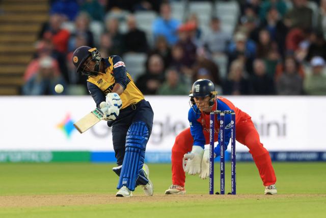 Sri Lanka's Nilakshika Silva plays a shot on the first day of the ICC Women's T20 cricket World Cup 2026 Group 2 stage cricket match between England and Sri Lanka at Edgbaston cricket ground in Birmingham, central England on June 12, 2026. (Photo by Darren Staples / AFP)