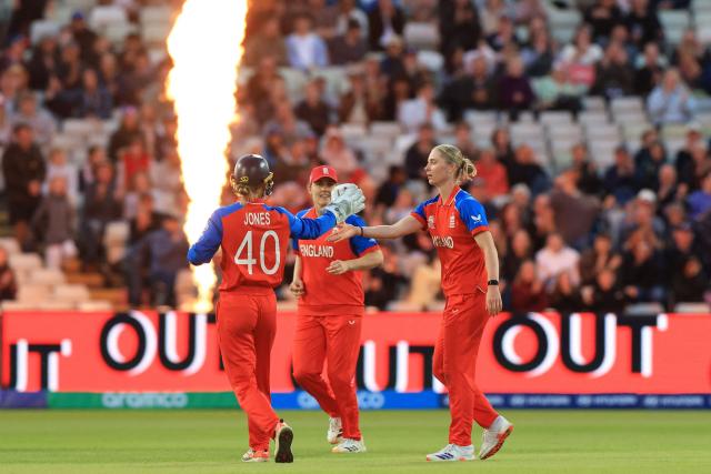 England's Freya Kemp celebrates taking the wicket of Sri Lanka's Kavisha Dilhari on the first day of the ICC Women's T20 cricket World Cup 2026 Group 2 stage cricket match between England and Sri Lanka at Edgbaston cricket ground in Birmingham, central England on June 12, 2026. (Photo by Darren Staples / AFP)