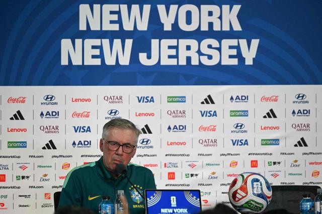 Brazil's Italian head coach Carlo Ancelotti speaks during a press conference at the New York/New Jersey Stadium in East Rutherford on June 12, 2026, on the eve of the 2026 World Cup football match between Brazil and Morocco. (Photo by Mauro PIMENTEL / AFP)