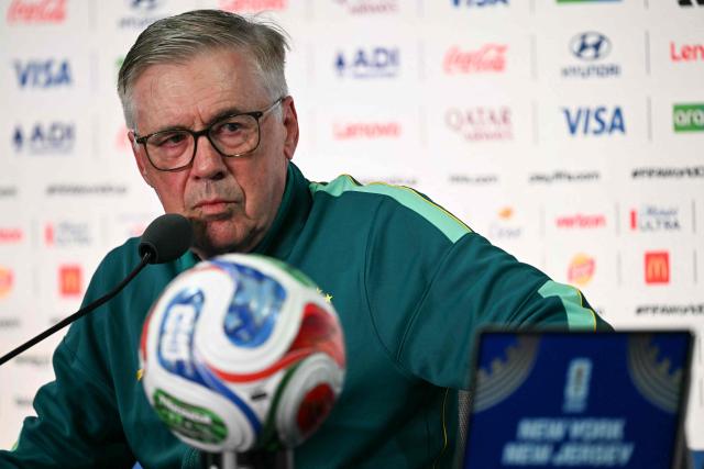 Brazil's Italian head coach Carlo Ancelotti gestures during a press conference at the New York/New Jersey Stadium in East Rutherford on June 12, 2026, on the eve of the 2026 World Cup football match between Brazil and Morocco. (Photo by Mauro PIMENTEL / AFP)