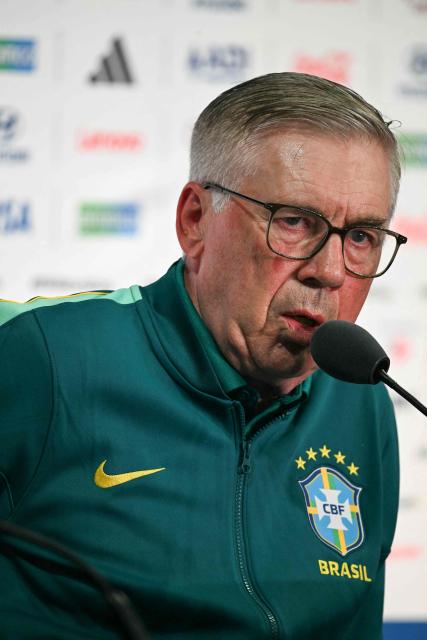 Brazil's Italian head coach Carlo Ancelotti speaks during a press conference at the New York/New Jersey Stadium in East Rutherford on June 12, 2026, on the eve of the 2026 World Cup football match between Brazil and Morocco. (Photo by Mauro PIMENTEL / AFP)