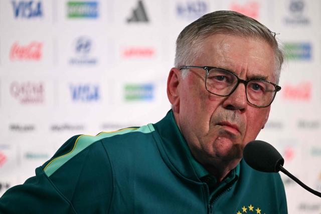 Brazil's Italian head coach Carlo Ancelotti gestures during a press conference at the New York/New Jersey Stadium in East Rutherford on June 12, 2026, on the eve of the 2026 World Cup football match between Brazil and Morocco. (Photo by Mauro PIMENTEL / AFP)
