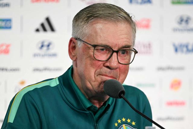 Brazil's Italian head coach Carlo Ancelotti gestures during a press conference at the New York/New Jersey Stadium in East Rutherford on June 12, 2026, on the eve of the 2026 World Cup football match between Brazil and Morocco. (Photo by Mauro PIMENTEL / AFP)