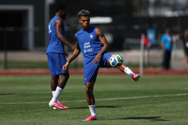 France's forward #20 Desire Doue takes part in a training session at Bentley University, the team's base camp, during the 2026 World Cup football tournament in Waltham, near Boston, on June 12, 2026. (Photo by FRANCK FIFE / AFP)