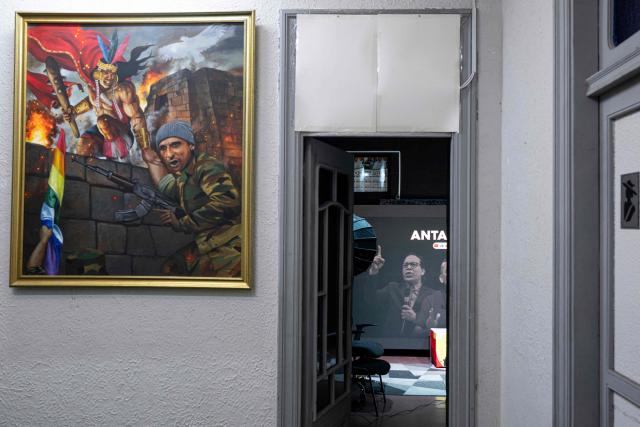 Political propaganda is seen during an interview with Antauro Humala, leader and founder of the Ethnocacerist party and promoter of Peruvian ultranationalism, at the Ethnocacerist party headquarters in Lima on June 12, 2026. Peru is heading toward a deeper governance crisis and protests if right-wing candidate Keiko Fujimori prevails over leftist Roberto Sanchez in the tight presidential vote count, nationalist leader Antauro Humala told AFP on June 12. (Photo by Ernesto BENAVIDES / AFP)