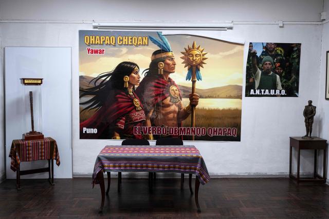 Political propaganda is seen during an interview with Antauro Humala, leader and founder of the Ethnocacerist party and promoter of Peruvian ultranationalism, at the Ethnocacerist party headquarters in Lima on June 12, 2026. Peru is heading toward a deeper governance crisis and protests if right-wing candidate Keiko Fujimori prevails over leftist Roberto Sanchez in the tight presidential vote count, nationalist leader Antauro Humala told AFP on June 12. (Photo by Ernesto BENAVIDES / AFP)