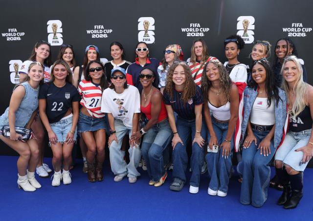 Members of the US Women's National football team arrive to attend the 2026 World Cup Group D football match between USA and Paraguay at the Los Angeles Stadium in Inglewood on June 12, 2026. (Photo by VALERIE MACON / AFP)