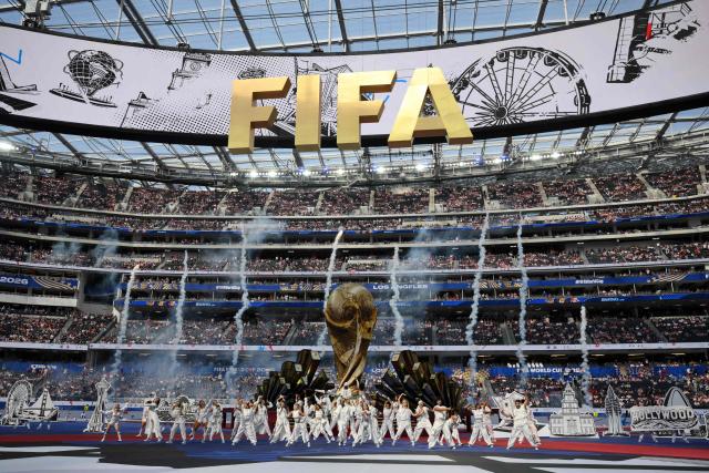 Thai rapper Lisa, Nigerian rapper Rema, and Brazilian singer-songwriter Anitta perform during the opening ceremony of the 2026 World Cup football tournament ahead of the Group D football match between USA and Paraguay at the Los Angeles Stadium in Inglewood on June 12, 2026. (Photo by Patrick T. Fallon / AFP)