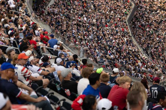 Fans watch the 2026 World Cup Group D football match between USA and Paraguay at the Los Angeles Stadium in Inglewood, California, on June 12, 2026. (Photo by ETIENNE LAURENT / AFP)
