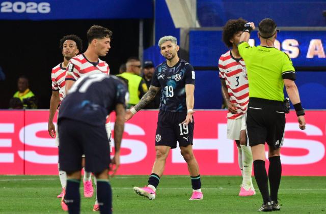 Paraguay's midfielder #19 Julio Enciso reacts during the 2026 World Cup Group D football match between USA and Paraguay at the Los Angeles Stadium in Inglewood on June 12, 2026. (Photo by Frederic J. BROWN / AFP)