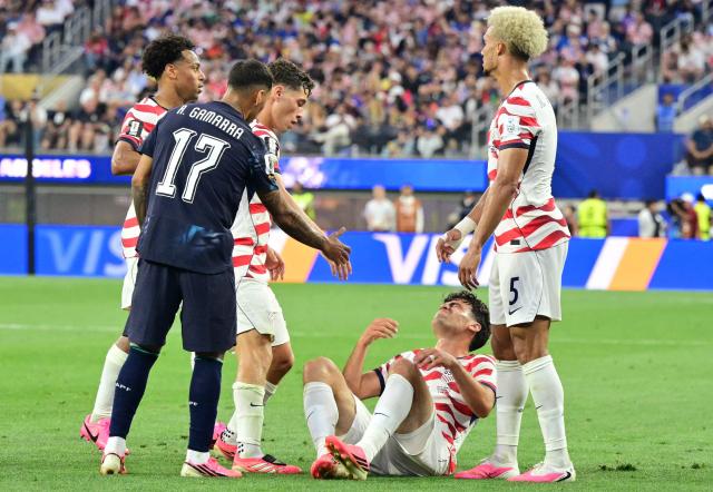 US midfielder #07 Giovanni Reyna (C) reacts during the 2026 World Cup Group D football match between USA and Paraguay at the Los Angeles Stadium in Inglewood on June 12, 2026. (Photo by Frederic J. BROWN / AFP)