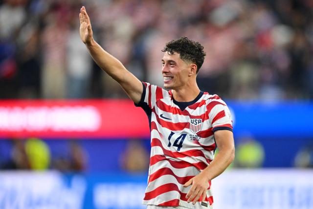 US midfielder #14 Sebastian Berhalter celebrates after winning the 2026 World Cup Group D football match between USA and Paraguay at the Los Angeles Stadium in Inglewood on June 12, 2026. (Photo by Patrick T. Fallon / AFP)