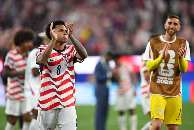 US midfielder #08 Weston McKennie celebrates after winning the 2026 World Cup Group D football match between USA and Paraguay at the Los Angeles Stadium in Inglewood on June 12, 2026. (Photo by Patrick T. Fallon / AFP)