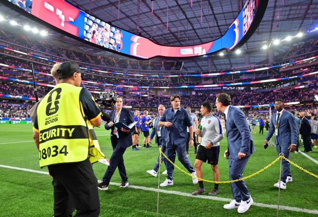 US Argentine head coach Mauricio Pochettino (C) speaks after winning the 2026 World Cup Group D football match between USA and Paraguay at the Los Angeles Stadium in Inglewood on June 12, 2026. (Photo by Frederic J. BROWN / AFP)