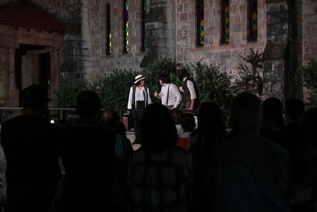 Actors perform in the theatre play "The Pillars of Society" at the American University of Beirut (AUB) campus on June 9, 2026. With Israeli reconnaissance aircraft circling over Beirut, only the thunderous applause of a theatre audience can drown out their constant hum since Lebanon was plunged into the eye of the Middle East war. The Lebanon front began Iranian-backed Hezbollah launched missiles at Israel in retaliation for the killing of Iranian Supreme Leader Ali Khamenei on the first day of the US-Israeli war against the Islamic Republic on February 28. (Photo by Joseph EID / AFP)