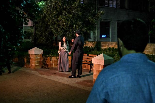 Actors perform in the theatre play "The Pillars of Society" at the American University of Beirut (AUB) campus on June 9, 2026. With Israeli reconnaissance aircraft circling over Beirut, only the thunderous applause of a theatre audience can drown out their constant hum since Lebanon was plunged into the eye of the Middle East war. The Lebanon front began Iranian-backed Hezbollah launched missiles at Israel in retaliation for the killing of Iranian Supreme Leader Ali Khamenei on the first day of the US-Israeli war against the Islamic Republic on February 28. (Photo by Joseph EID / AFP)