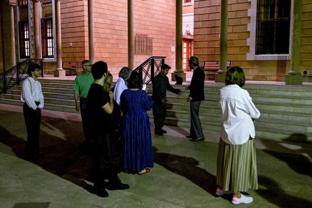 Actors perform in the theatre play "The Pillars of Society" at the American University of Beirut (AUB) campus on June 9, 2026. With Israeli reconnaissance aircraft circling over Beirut, only the thunderous applause of a theatre audience can drown out their constant hum since Lebanon was plunged into the eye of the Middle East war. The Lebanon front began Iranian-backed Hezbollah launched missiles at Israel in retaliation for the killing of Iranian Supreme Leader Ali Khamenei on the first day of the US-Israeli war against the Islamic Republic on February 28. (Photo by Joseph EID / AFP)
