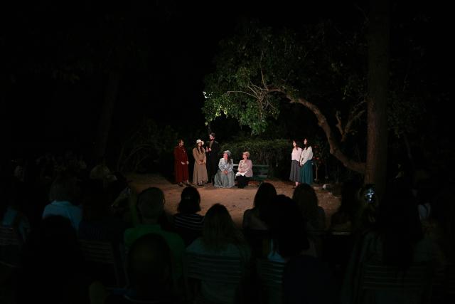 Actors perform in the theatre play "The Pillars of Society" at the American University of Beirut (AUB) campus on June 9, 2026. With Israeli reconnaissance aircraft circling over Beirut, only the thunderous applause of a theatre audience can drown out their constant hum since Lebanon was plunged into the eye of the Middle East war. The Lebanon front began Iranian-backed Hezbollah launched missiles at Israel in retaliation for the killing of Iranian Supreme Leader Ali Khamenei on the first day of the US-Israeli war against the Islamic Republic on February 28. (Photo by Joseph EID / AFP)