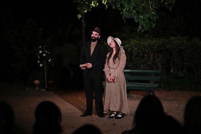 Actors perform in the theatre play "The Pillars of Society" at the American University of Beirut (AUB) campus on June 9, 2026. With Israeli reconnaissance aircraft circling over Beirut, only the thunderous applause of a theatre audience can drown out their constant hum since Lebanon was plunged into the eye of the Middle East war. The Lebanon front began Iranian-backed Hezbollah launched missiles at Israel in retaliation for the killing of Iranian Supreme Leader Ali Khamenei on the first day of the US-Israeli war against the Islamic Republic on February 28. (Photo by Joseph EID / AFP)