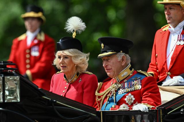 Britain's King Charles III and Britain's Queen Camilla arrive to attend the King's Birthday Parade "Trooping the Colour" in London on June 13, 2026. (Photo by JUSTIN TALLIS / AFP)