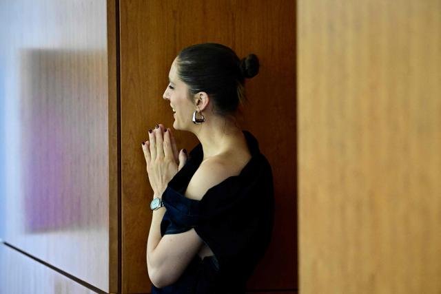 German former tennis player Andrea Petkovic reacts on the sidelines of a press conference with Czech Republic's Karolina Muchova (not pictured) in Berlin on June 13, 2026, ahead of the WTA500 Berlin Tennis Open tournament starting on June 15. (Photo by Tobias SCHWARZ / AFP)