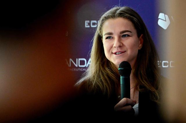 Czech Republic's Karolina Muchova addresses a press conference in Berlin on June 13, 2026, ahead of the WTA500 Berlin Tennis Open tournament starting on June 15. (Photo by Tobias SCHWARZ / AFP)