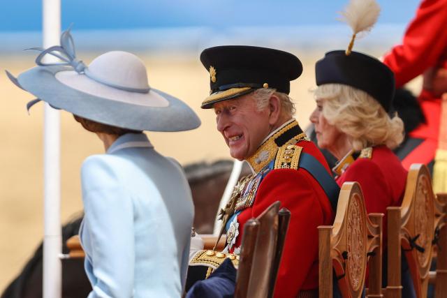 Britain's King Charles III smiles to Britain's Catherine, Princess of Wales during the King's Birthday Parade "Trooping the Colour" in London on June 13, 2026. (Photo by Toby Shepheard / AFP)