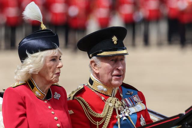Britain's King Charles III and Britain's Queen Camilla arrive to attend the King's Birthday Parade "Trooping the Colour" in London on June 13, 2026. (Photo by Toby Shepheard / AFP)