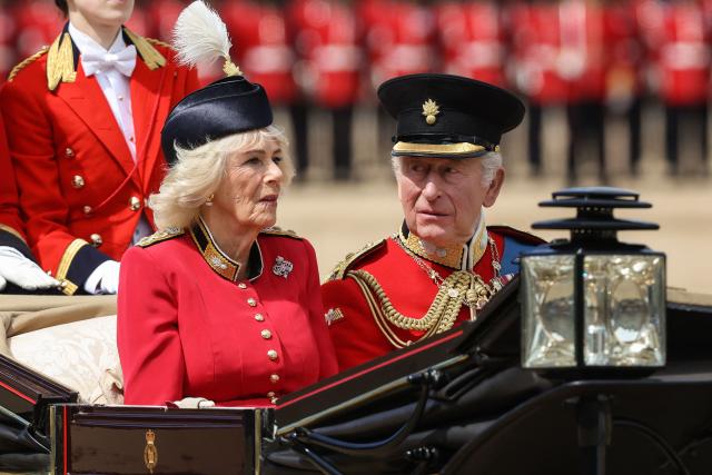 Britain's King Charles III and Britain's Queen Camilla arrive to attend the King's Birthday Parade "Trooping the Colour" in London on June 13, 2026. (Photo by Toby Shepheard / AFP)