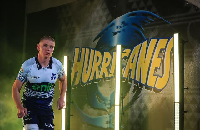 Blues Anton Segner enters the field during the Super Rugby Pacific semi-final match between the Wellington Hurricanes and Auckland Blues in Wellington on June 13, 2026. (Photo by Grant Down / AFP)