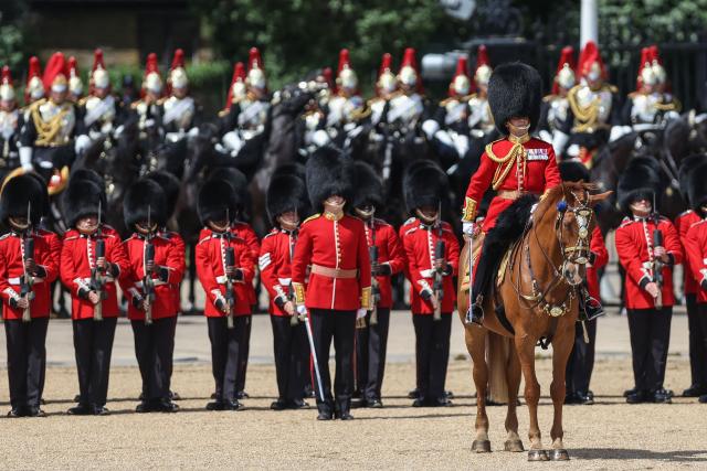 Members Grenadier Guards take part in the King's Birthday Parade "Trooping the Colour" in London on June 13, 2026. (Photo by Toby Shepheard / AFP)