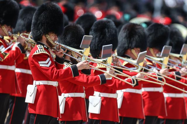 Members of the band of the Grenadier Guards take part in the King's Birthday Parade "Trooping the Colour" in London on June 13, 2026. (Photo by Toby Shepheard / AFP)
