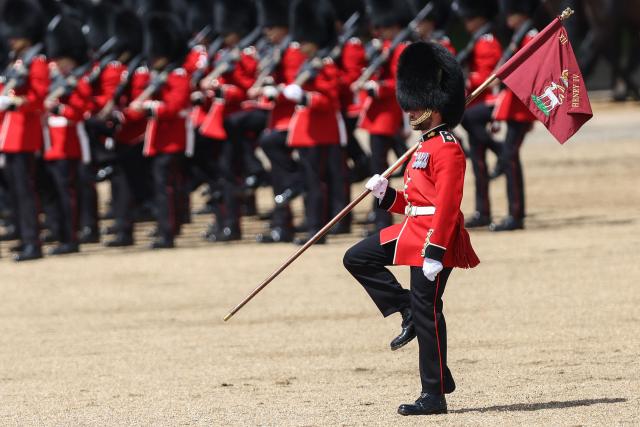 A Grenadier Guard takes part in the King's Birthday Parade "Trooping the Colour" in London on June 13, 2026. (Photo by Toby Shepheard / AFP)