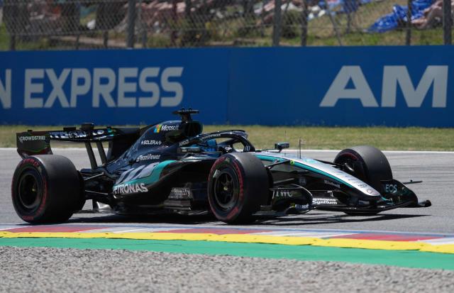 Mercedes' British driver George Russell takes part in the third practice session at the Circuit de Catalunya ahead of the Catalonia Formula One Grand Prix in Montmelo, on the outskirts of Barcelona on June 13, 2026. (Photo by Manaure QUINTERO / AFP)