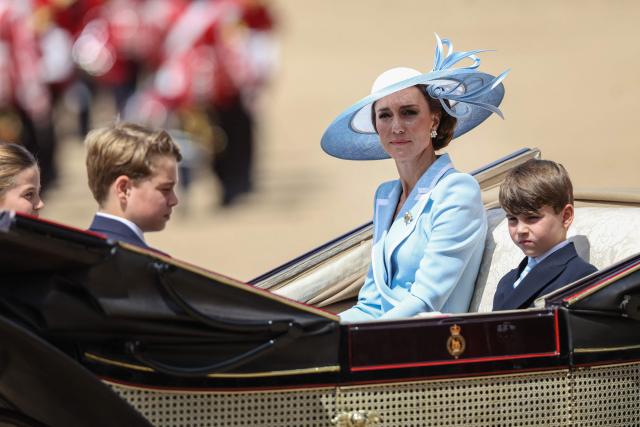 Britain's Princess Charlotte of Wales, Britain's Prince George of Wales, Britain's Catherine, Princess of Wales and Britain's Prince Louis of Wales arrive to attend the King's Birthday Parade "Trooping the Colour" in London on June 13, 2026. (Photo by Toby Shepheard / AFP)