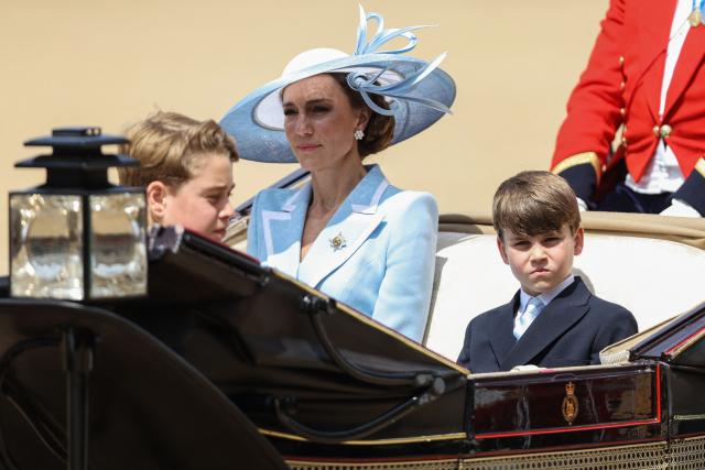 Britain's Catherine, Princess of Wales, Britain's Prince Louis of Wales and Britain's Prince George of Wales arrive to attend the King's Birthday Parade "Trooping the Colour" in London on June 13, 2026. (Photo by Toby Shepheard / AFP)