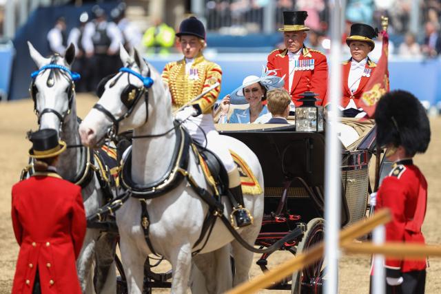 Britain's Catherine, Princess of Wales arrives to attend the King's Birthday Parade "Trooping the Colour" in London on June 13, 2026. (Photo by Toby Shepheard / AFP)
