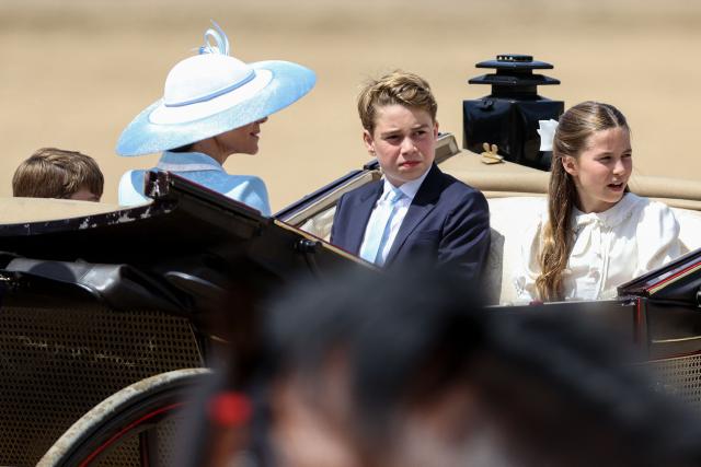 Britain's Princess Charlotte of Wales, Britain's Prince George of Wales, Britain's Catherine, Princess of Wales and Britain's Prince Louis of Wales arrive to attend the King's Birthday Parade "Trooping the Colour" in London on June 13, 2026. (Photo by Toby Shepheard / AFP)