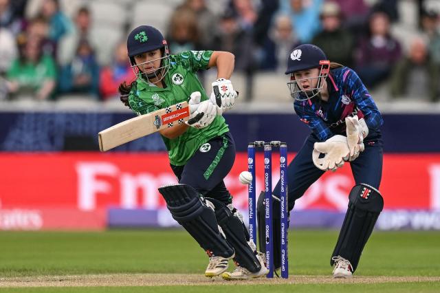 Ireland's Amy Hunter (L) bats on the second day of the ICC Women's T20 cricket World Cup 2026 Group 2 stage cricket match between Scotland and Ireland at the Old Trafford Cricket Ground in Manchester, northern England, on June 13, 2026. (Photo by Oli SCARFF / AFP)