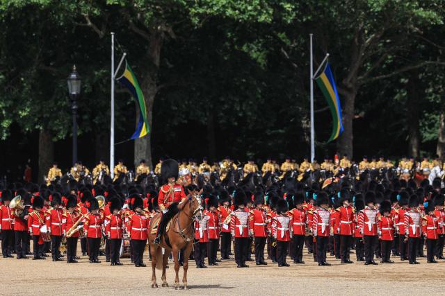 Members of the Coldstream Guards take part in the King's Birthday Parade "Trooping the Colour" in London on June 13, 2026. (Photo by Toby Shepheard / AFP)