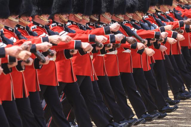 Members of the Grenadier Guards take part in the King's Birthday Parade "Trooping the Colour" in London on June 13, 2026. (Photo by Toby Shepheard / AFP)